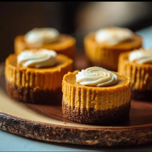 Mini pumpkin cheesecakes topped with whipped cream and a sprinkle of cinnamon.