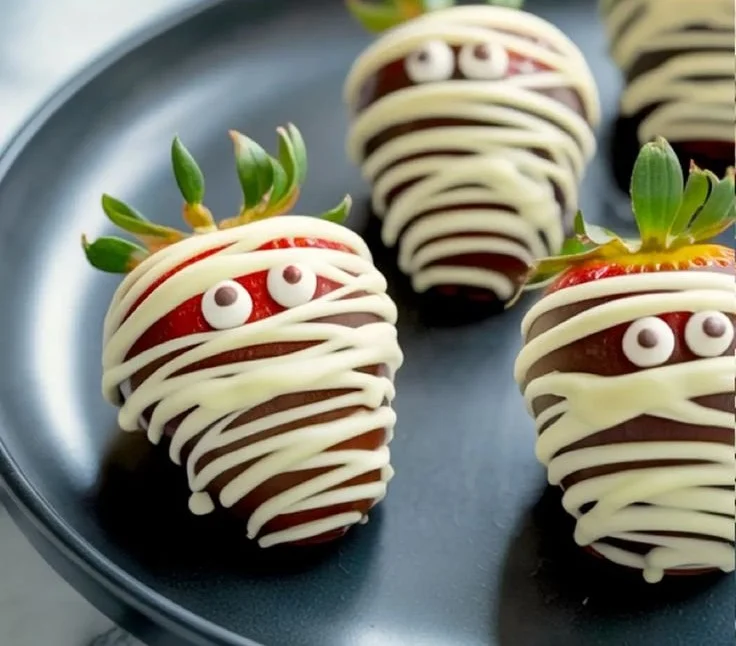 Mummy chocolate-covered Halloween strawberries on a festive plate