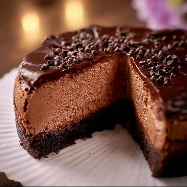 No bake chocolate cheesecake topped with chocolate shavings on a plate