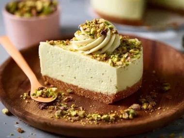 Delicious no-bake pistachio cheesecake topped with pistachios