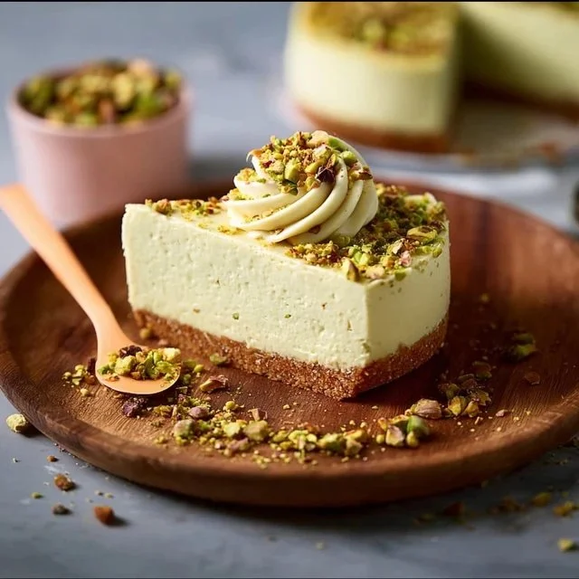 Delicious no-bake pistachio cheesecake topped with pistachios