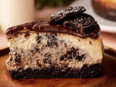 Delicious slice of Oreo Cheesecake topped with crushed Oreos