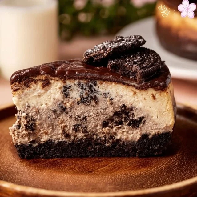 Delicious slice of Oreo Cheesecake topped with crushed Oreos