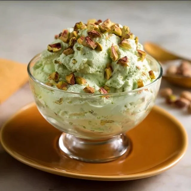 Delicious homemade pistachio fluff dessert in a bowl