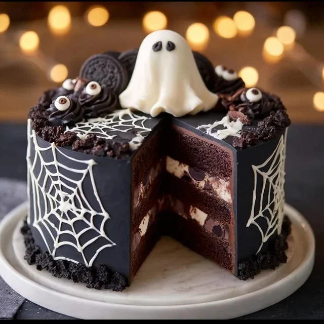 Delicious spooky cake decorated for Halloween with ghost and pumpkin designs
