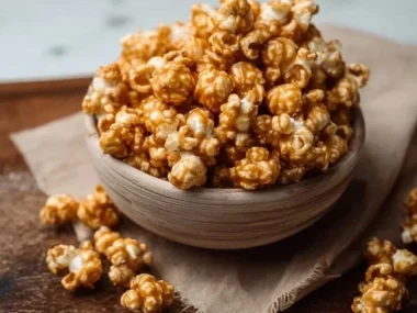 Delicious stovetop caramel popcorn in a bowl, perfect for snacks.