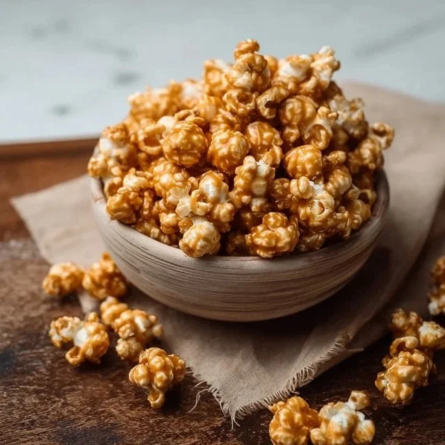Delicious stovetop caramel popcorn in a bowl, perfect for snacks.