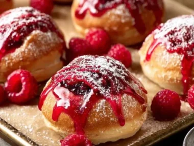 Freshly baked sweet raspberry buns with berries on a wooden table.