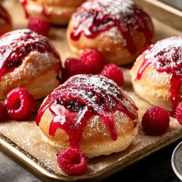 Freshly baked sweet raspberry buns with berries on a wooden table.