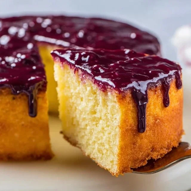 Yellow cake with a vibrant berry glaze topping