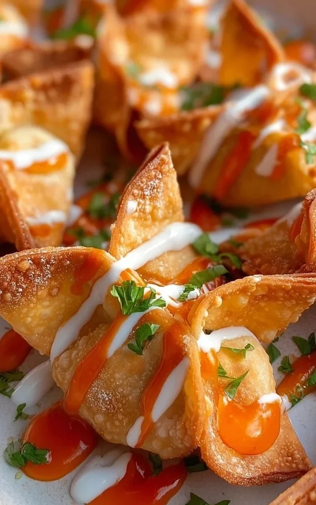 Crispy Air Fryer Buffalo Chicken Wontons ready to serve as a delicious appetizer