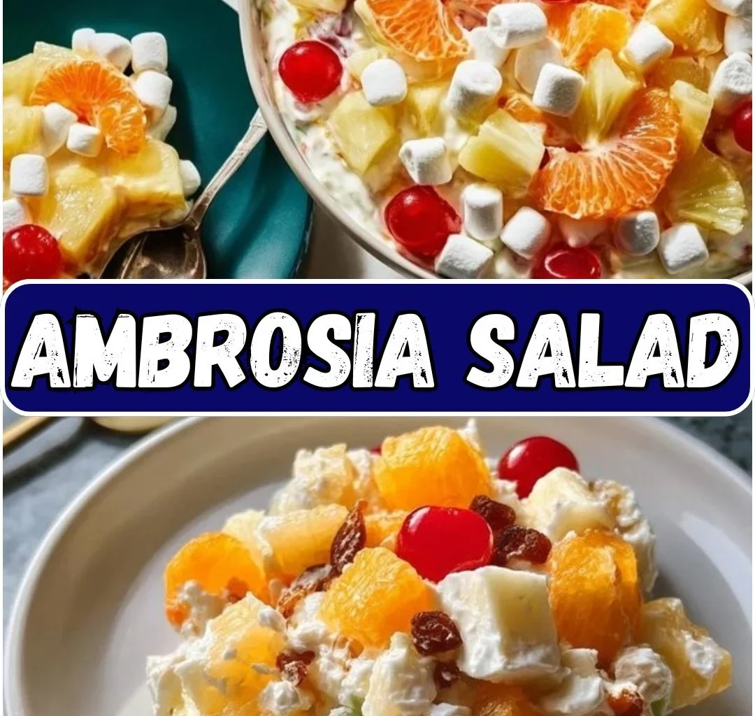 Bowl of colorful Ambrosia Salad featuring fruits, marshmallows, and whipped cream