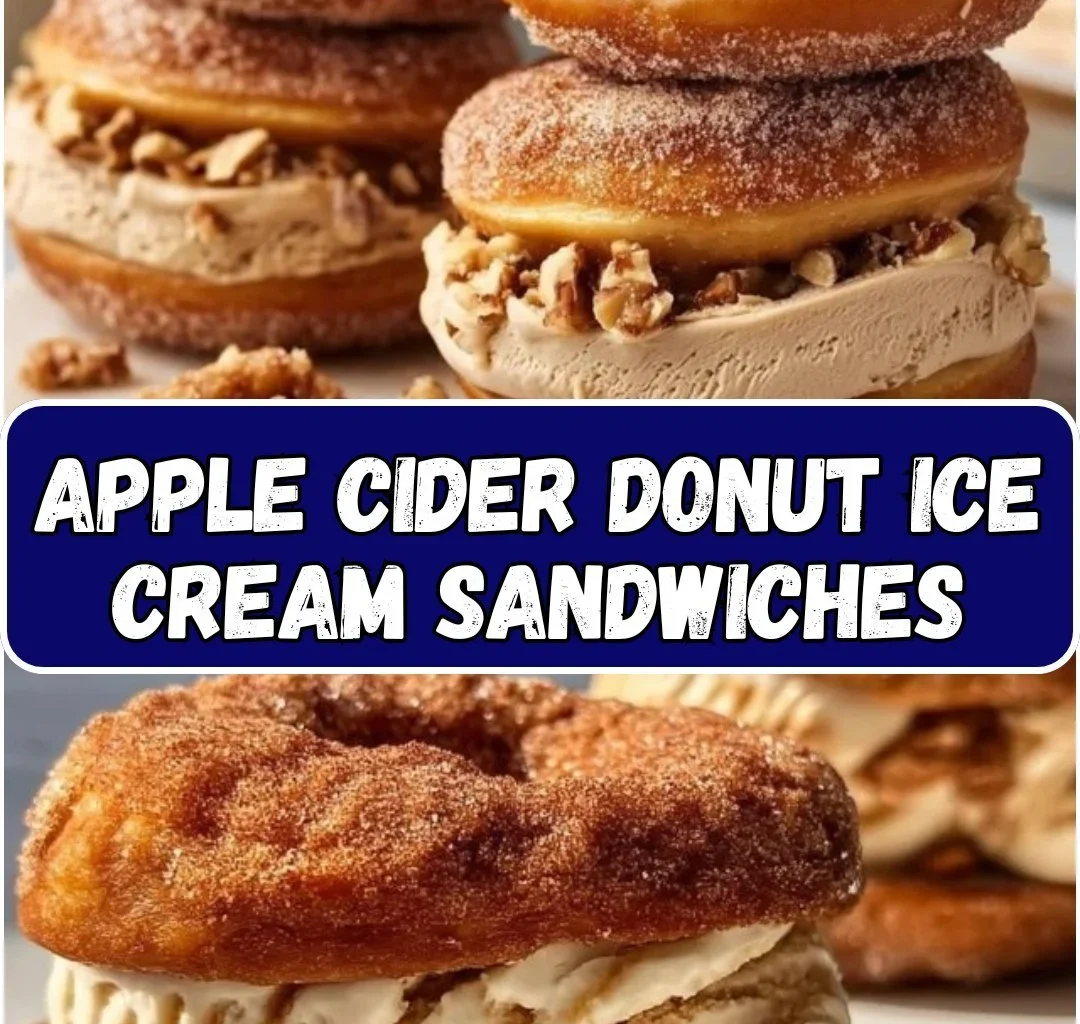 Apple cider donut ice cream sandwich served on a wooden table