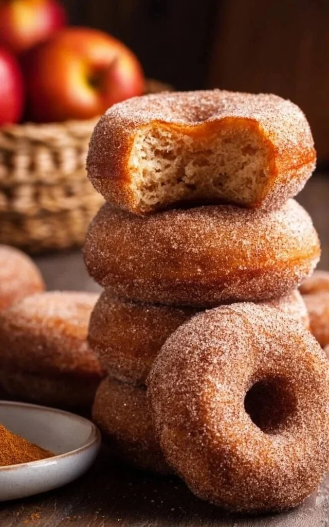 Freshly baked Apple Cider Donuts dusted with cinnamon sugar