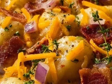 Bacon Cheddar Gnocchi Soup in a bowl garnished with herbs