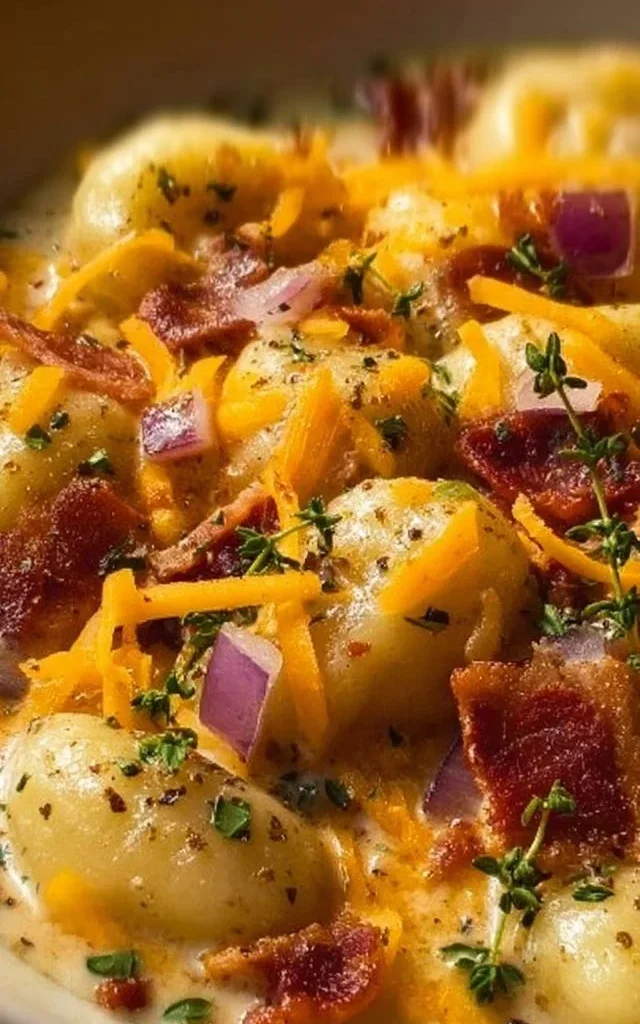 Bacon Cheddar Gnocchi Soup in a bowl garnished with herbs