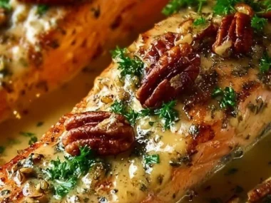 Baked Dijon Salmon garnished with herbs on a white plate