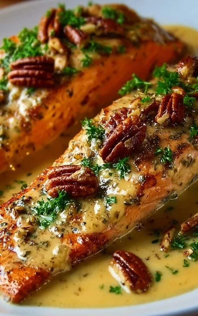 Baked Dijon Salmon garnished with herbs on a white plate
