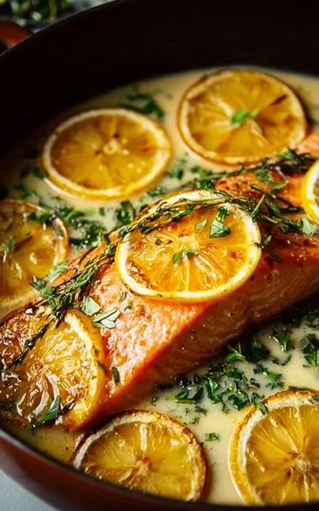 Baked salmon fillet drizzled with lemon butter cream sauce on a plate