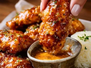 Delicious Bang Bang Chicken served with chili sauce and garnished with green onions.