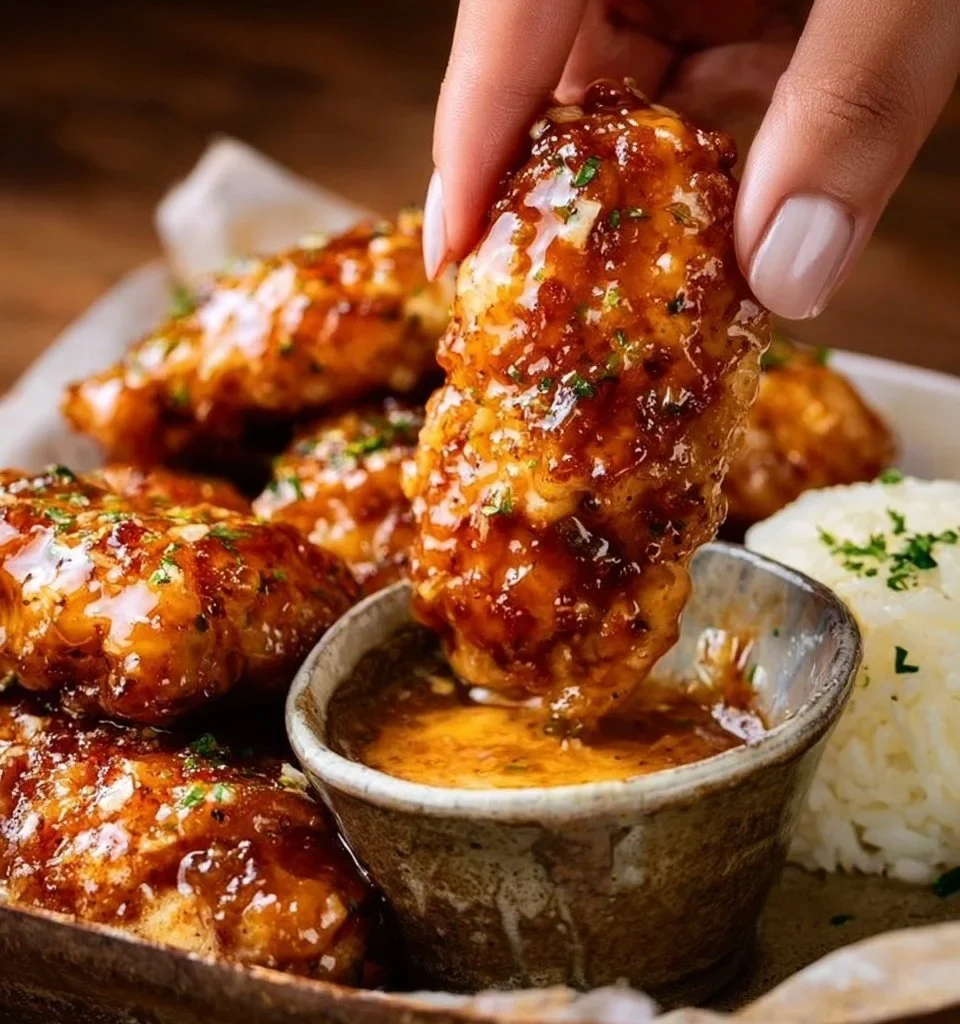 Delicious Bang Bang Chicken served with chili sauce and garnished with green onions.