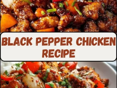 Plate of delicious black pepper chicken garnished with herbs