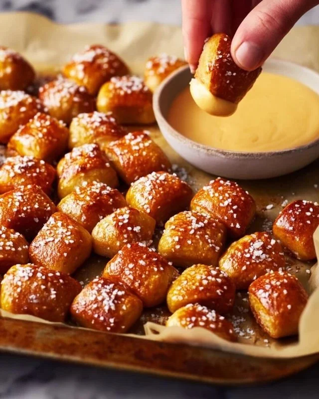 Freshly baked buttery soft pretzel bites served with dipping sauce