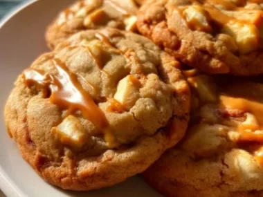 Delicious homemade Caramel Apple Cookies on a baking sheet.