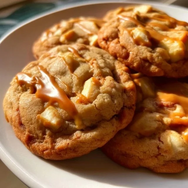 Delicious homemade Caramel Apple Cookies on a baking sheet.