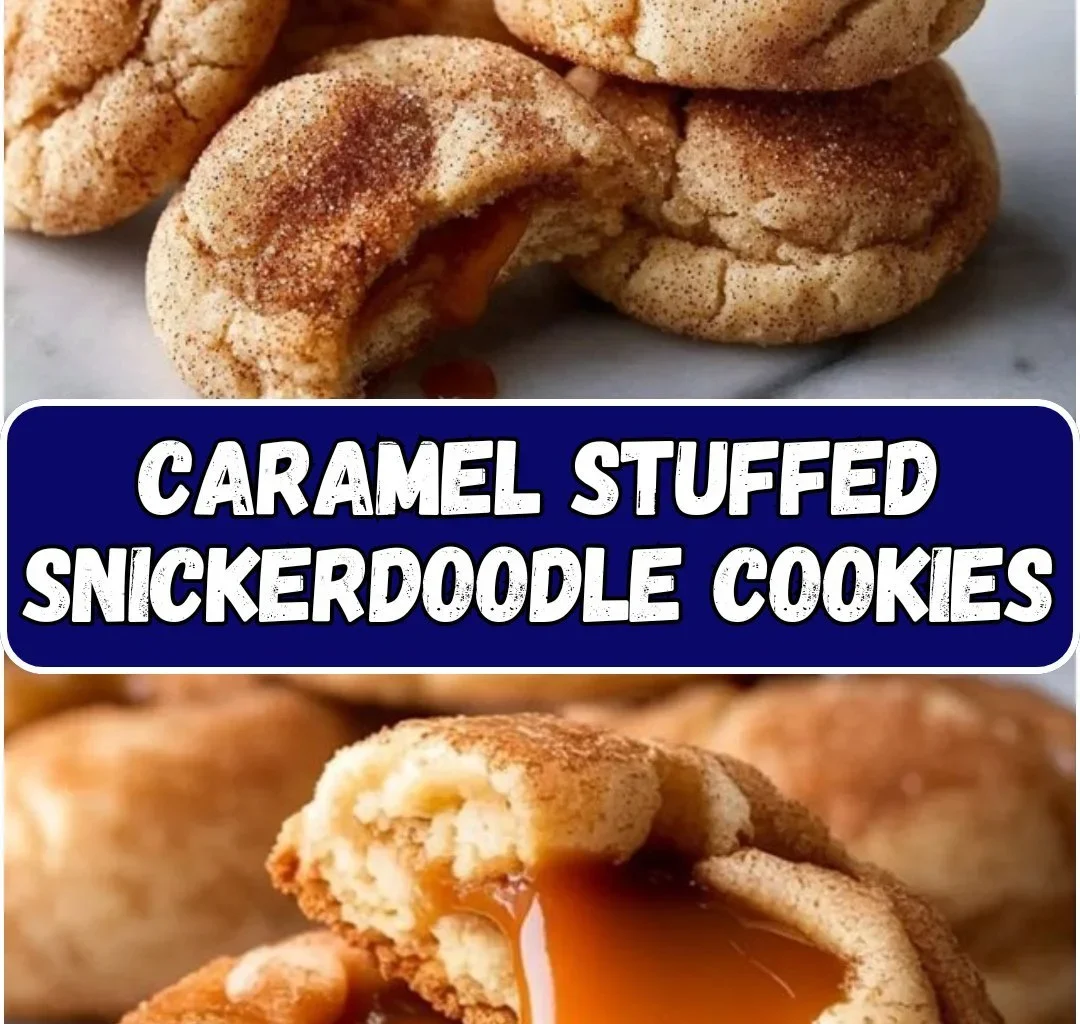 Caramel stuffed snickerdoodle cookies with a cinnamon sugar coating