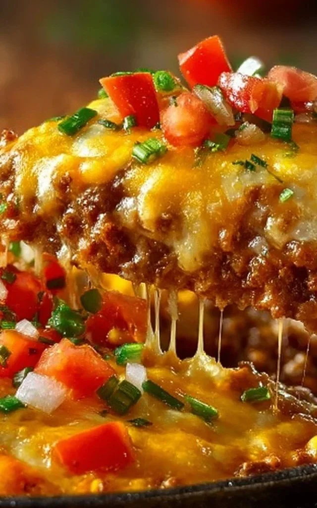 Delicious Cattle Drive Casserole served in a rustic dish with toppings.