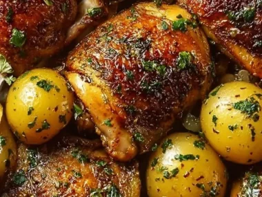 Juicy chicken thighs with roasted potatoes, a delightful dinner recipe.