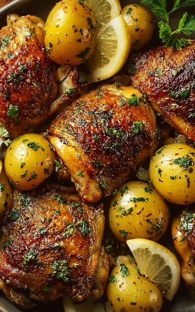 Juicy chicken thighs with roasted potatoes, a delightful dinner recipe.