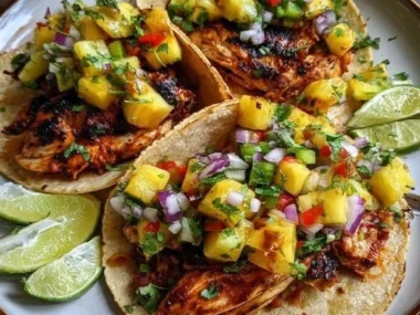 Chili Lime Chicken Tacos with Grilled Pineapple Salsa on a plate
