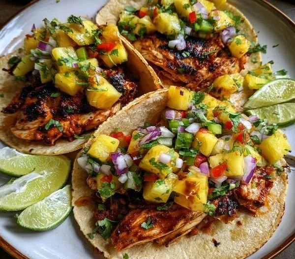 Chili Lime Chicken Tacos with Grilled Pineapple Salsa on a plate