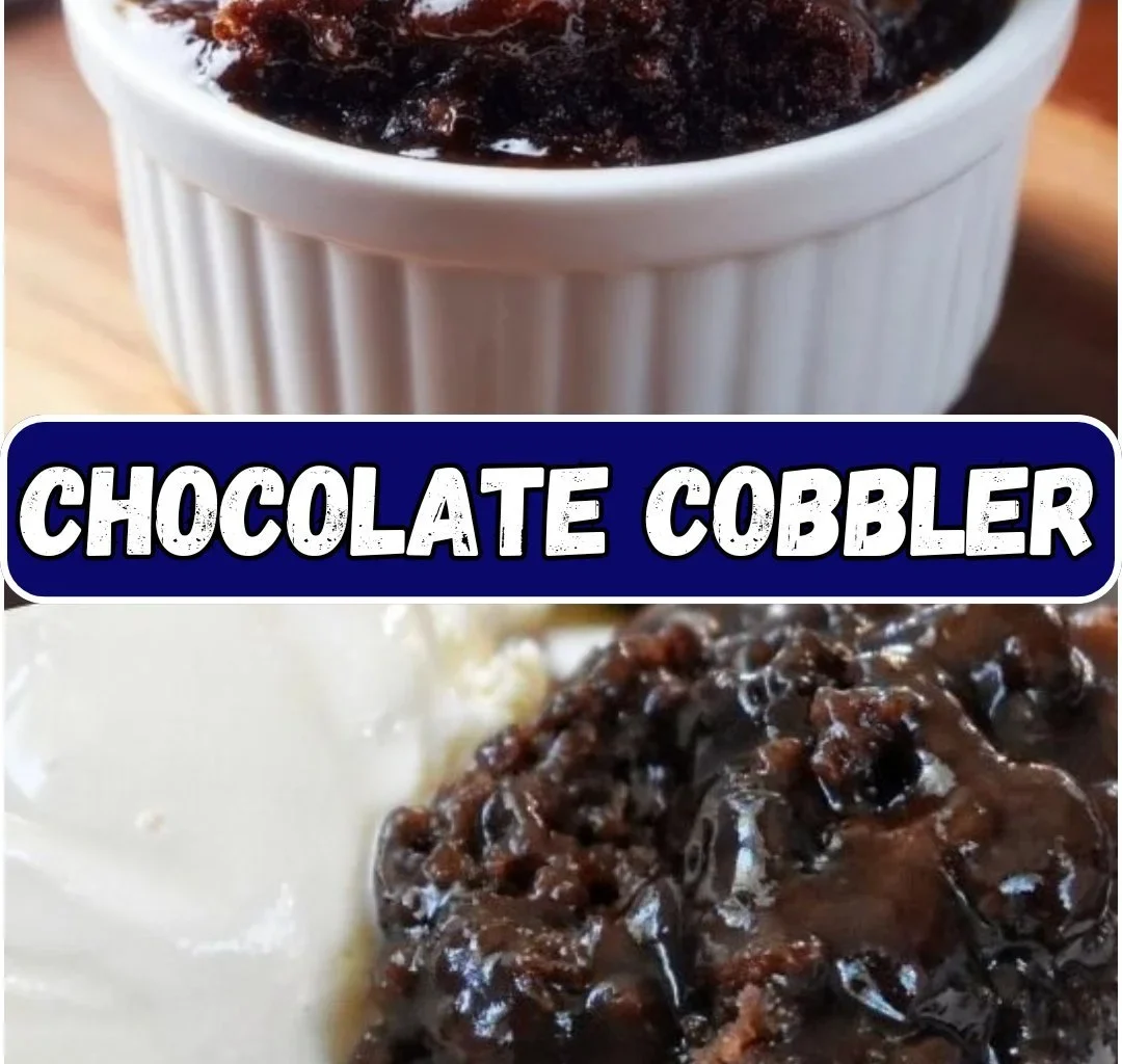 Delicious Chocolate Cobbler dessert served warm with a scoop of vanilla ice cream.