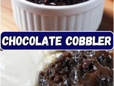 Delicious Chocolate Cobbler dessert served warm with a scoop of vanilla ice cream.