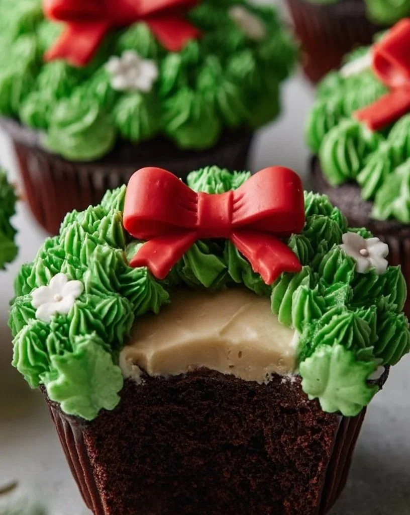 Delicious Chocolate Wreath Cupcakes decorated with festive frosting and toppings