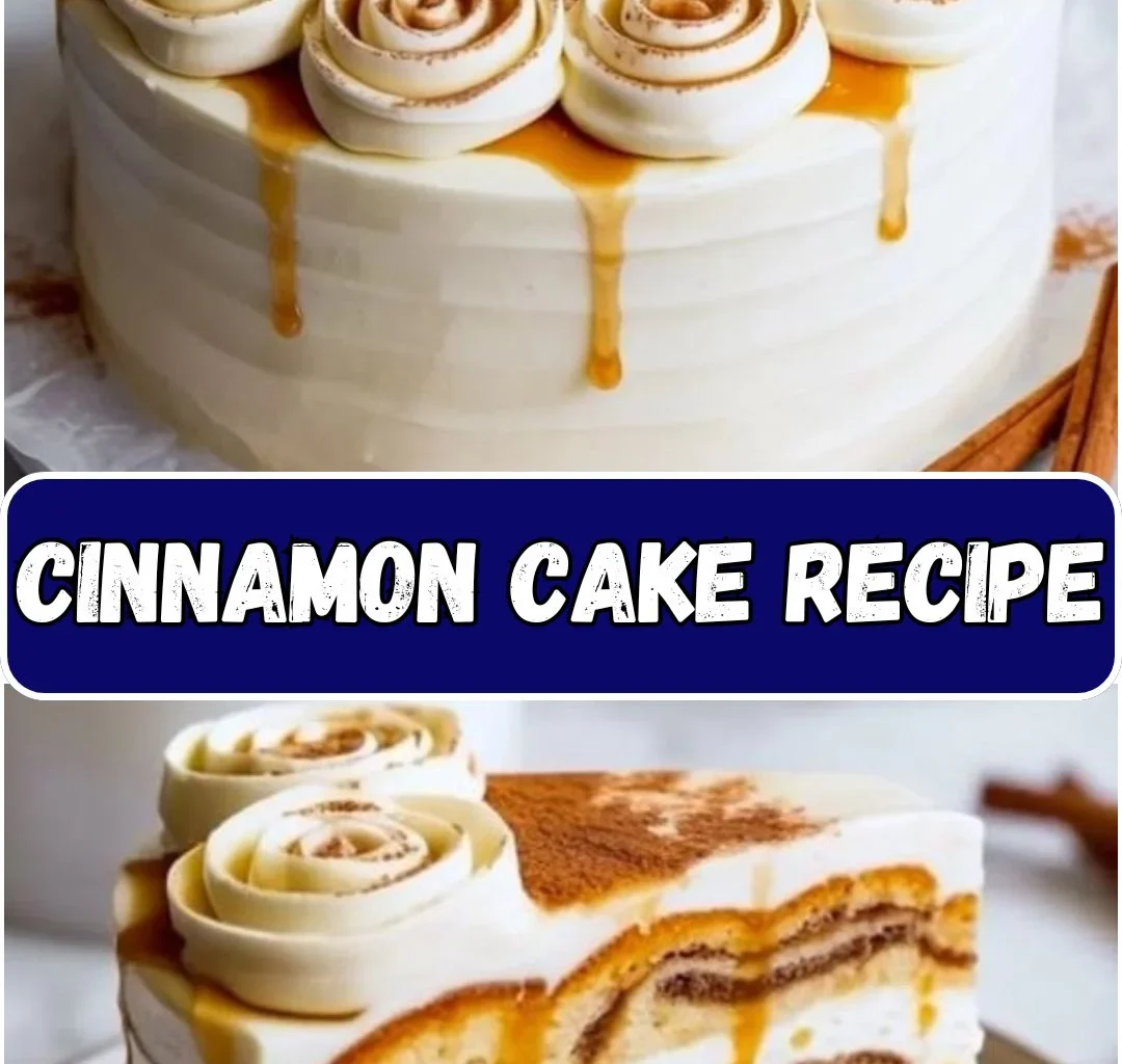 Delicious homemade cinnamon cake topped with icing and cinnamon powder.