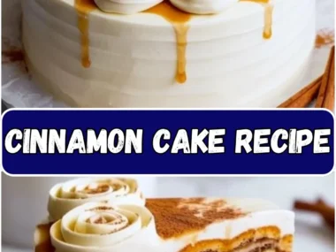 Delicious homemade cinnamon cake topped with icing and cinnamon powder.