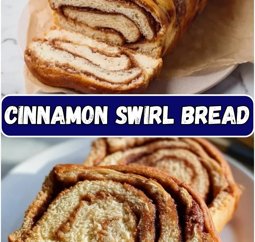 Freshly baked cinnamon swirl bread with a spiral of cinnamon and sugar