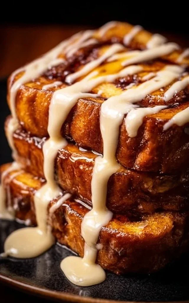 Freshly baked cinnamon swirl bread with a custard bath and glaze