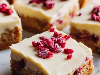 Delicious homemade Cranberry Bliss Bars with cranberries and frosting