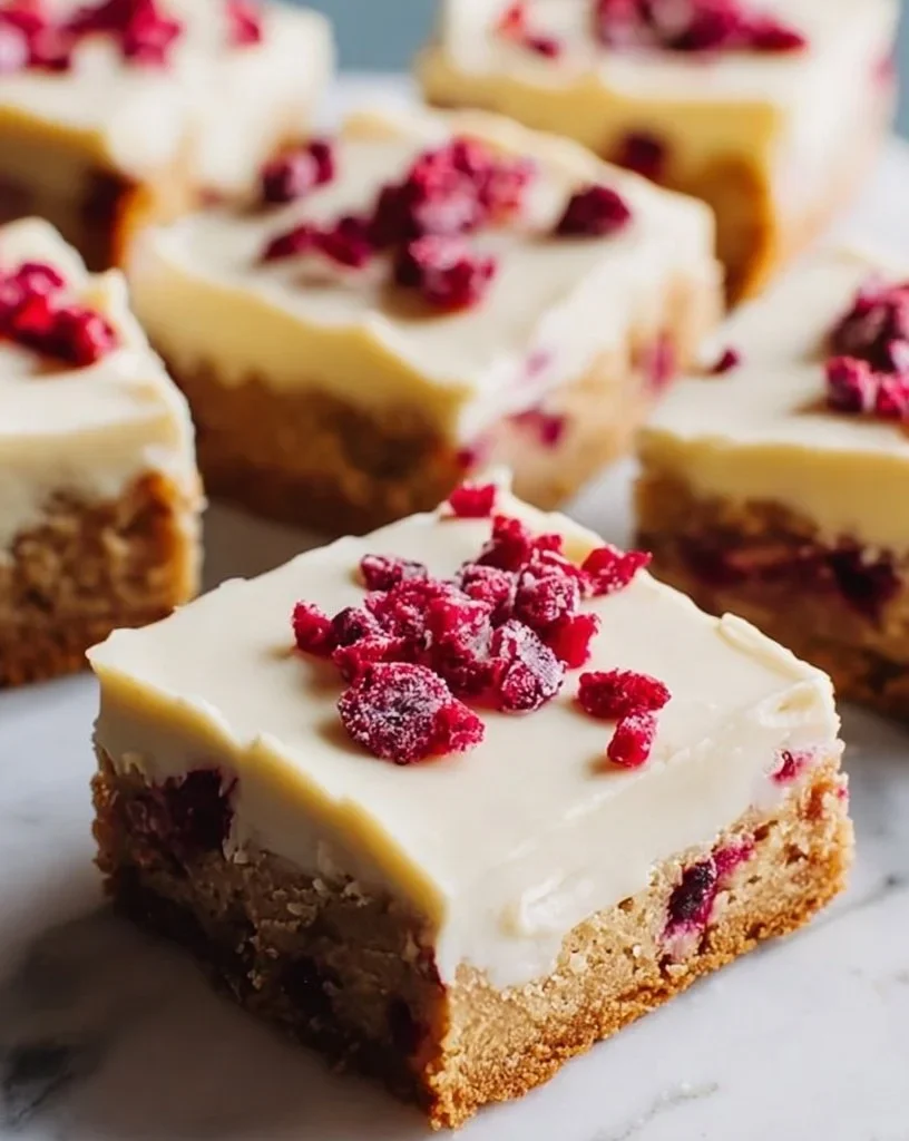 Delicious homemade Cranberry Bliss Bars with cranberries and frosting