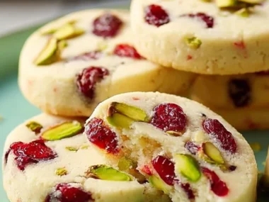 Cranberry pistachio shortbread cookies on a rustic wooden background