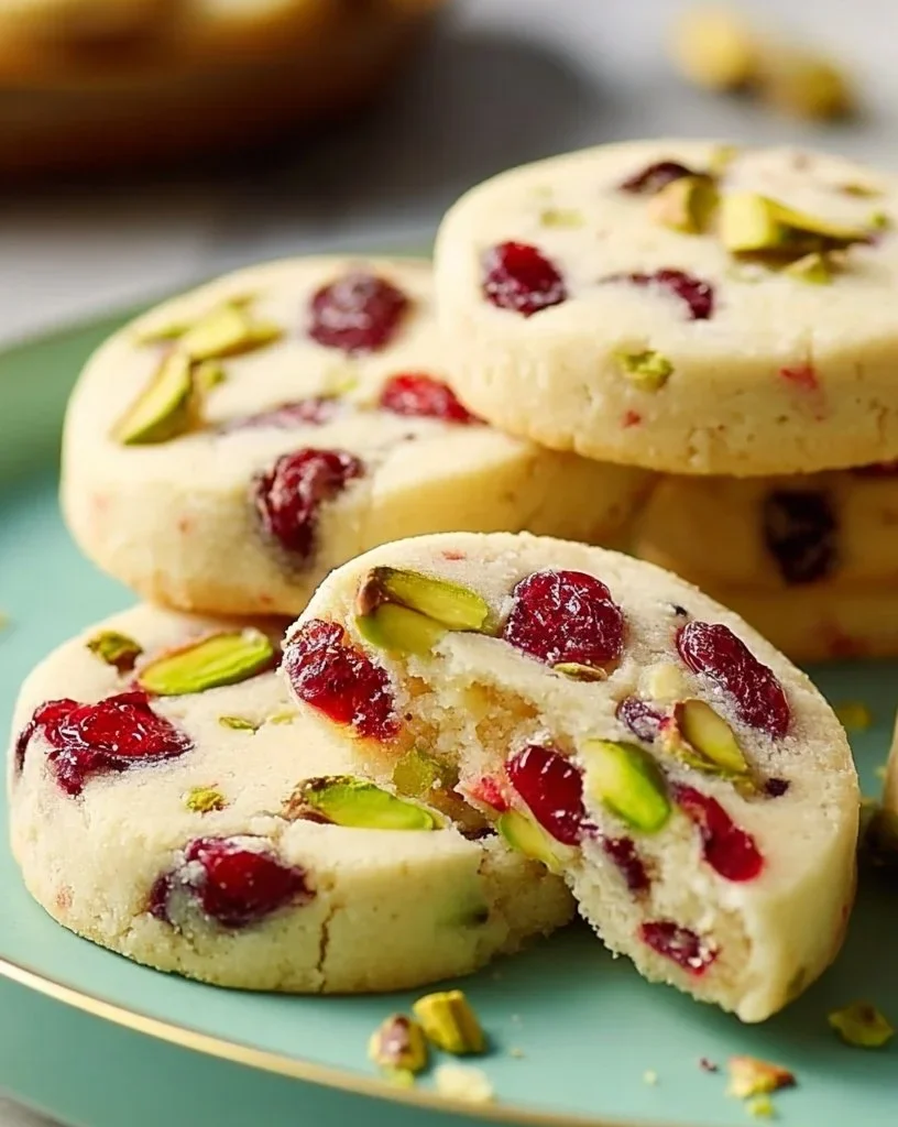 Cranberry pistachio shortbread cookies on a rustic wooden background