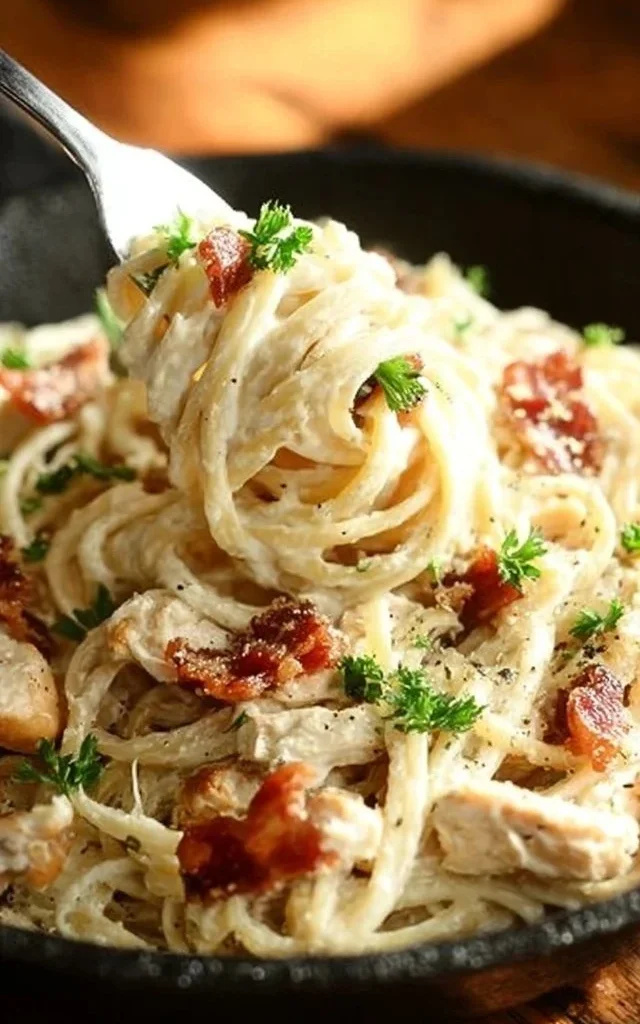 Cream Cheese Bacon Chicken Pasta served in a bowl