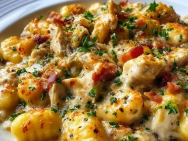 Bowl of creamy Crack Chicken gnocchi topped with herbs and cheese