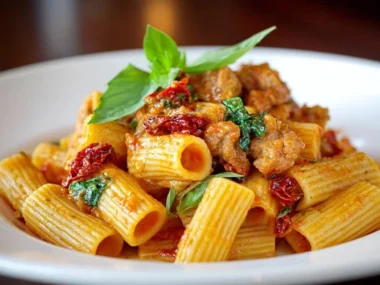 Creamy Italian sausage rigatoni served in a bowl with herbs