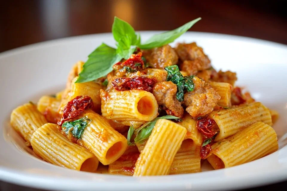 Creamy Italian sausage rigatoni served in a bowl with herbs